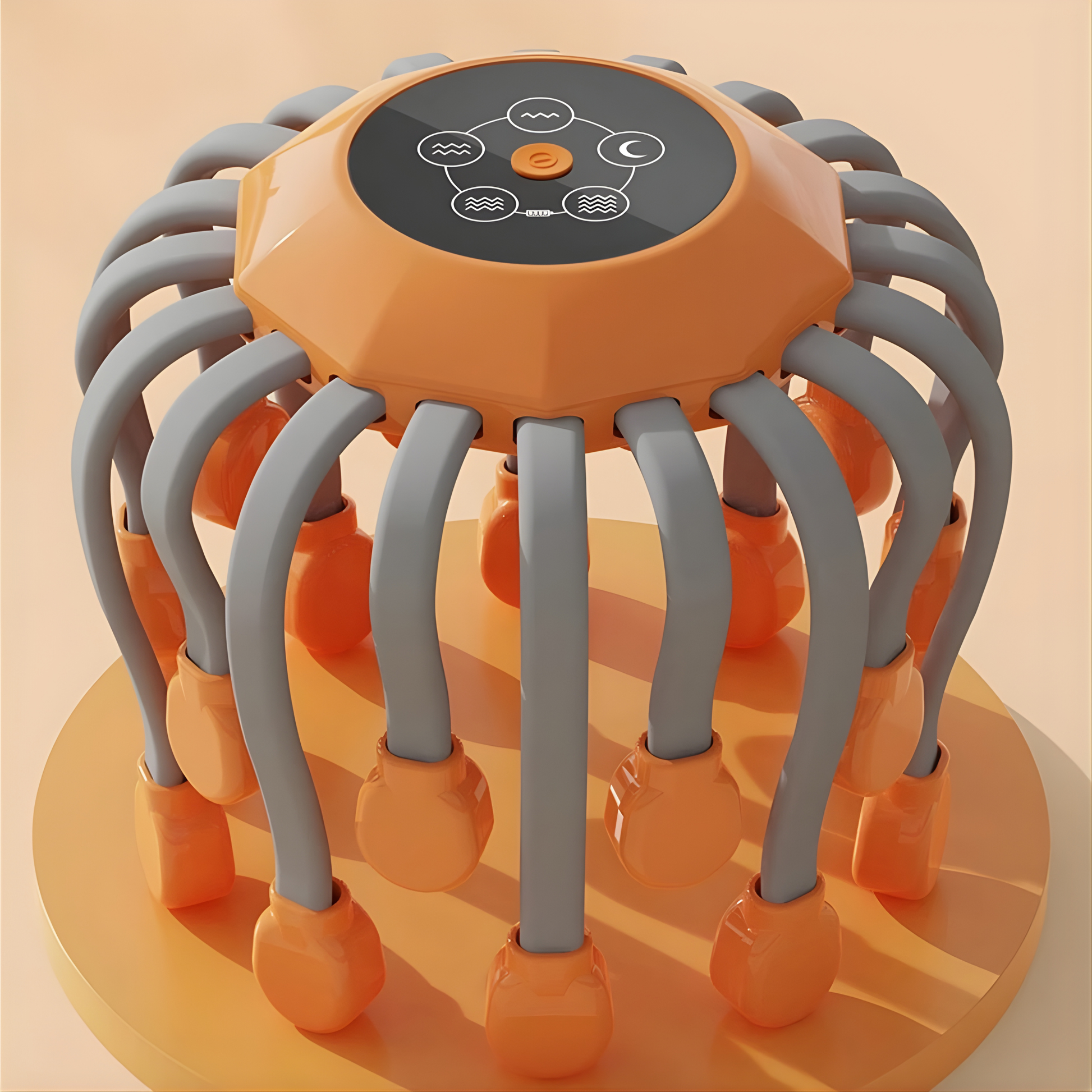 Orange and gray scalp massager with multiple flexible arms on a beige background